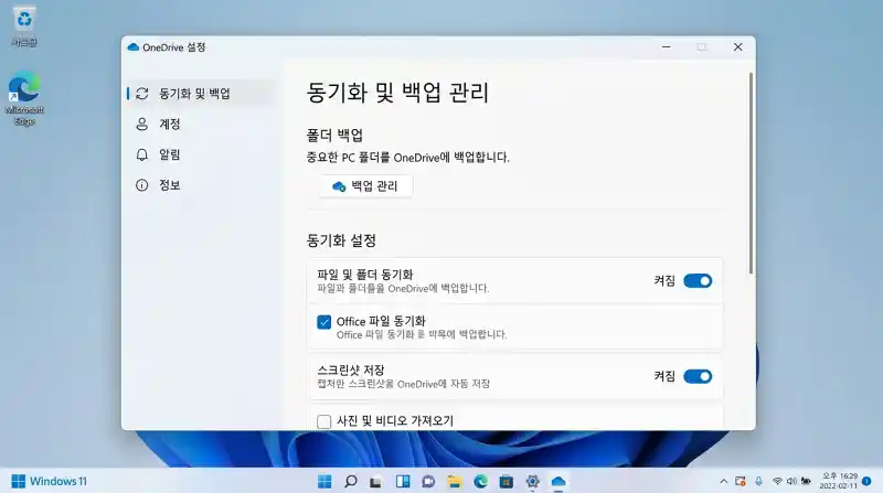 OneDrive 설정 패널