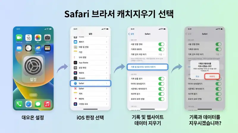 Safari 캐시 삭제 과정 4단계 인포그래픽