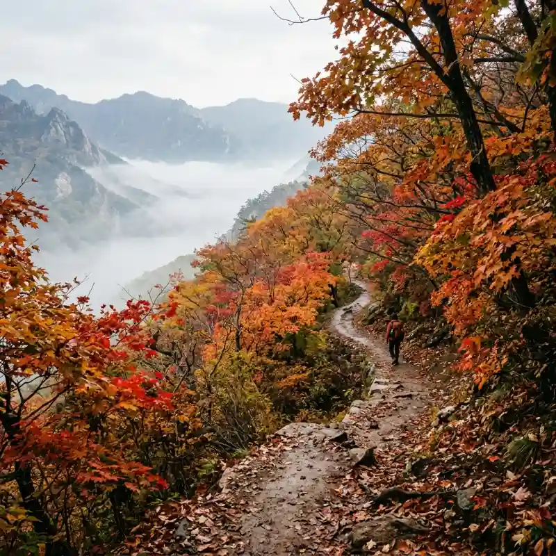 가을 단풍의 구불구불한 산책로 (빨강·주황 단풍잎, 안개 낀 계곡)