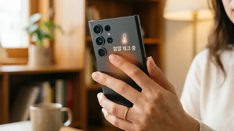 갤럭시 스마트폰 뒷면의 발열을 손으로 체크하는 장면