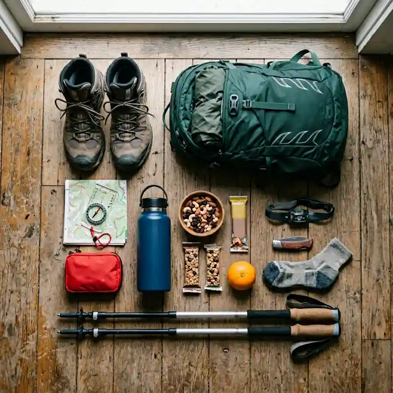 등산 필수 장비 플랫레이 (등산화, 스틱, 배낭, 물병 등)