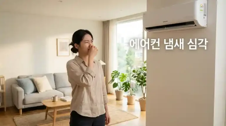 밝은 거실에서 벽걸이 에어컨 근처에서 코를 막고 있는 한국인의 모습