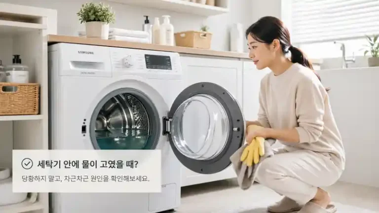 배수 안 됨으로 멈춘 세탁기와 물 고임 상황을 보여주는 밝은 주방/세탁실 이미지