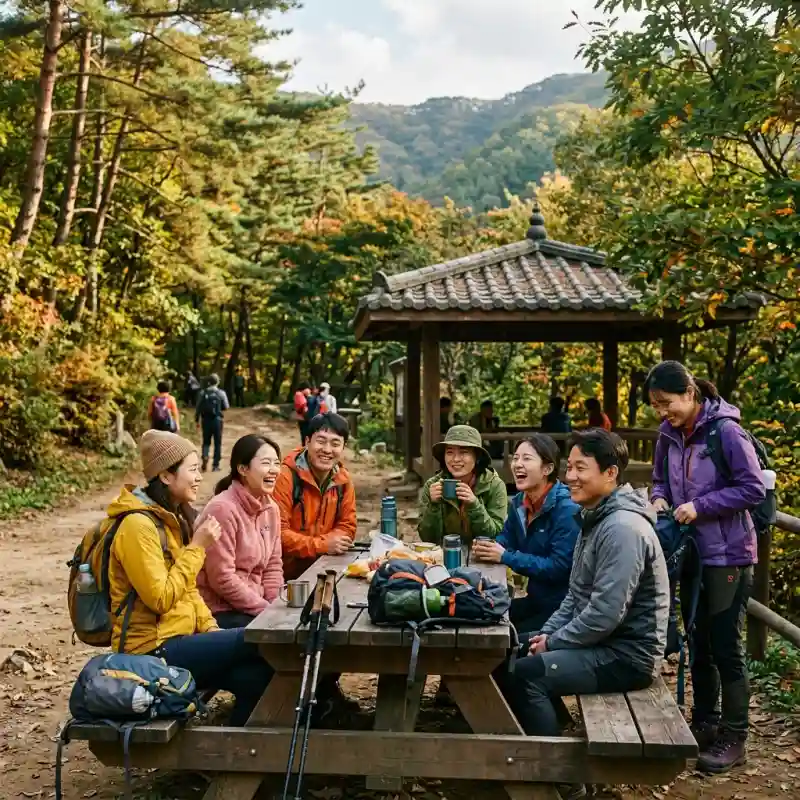 산 휴게소에서 쉬는 초보 등산객 그룹 (편안한 오후 분위기)