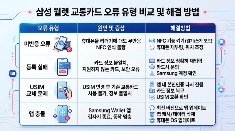 삼성월렛 교통카드 오류 유형 비교표