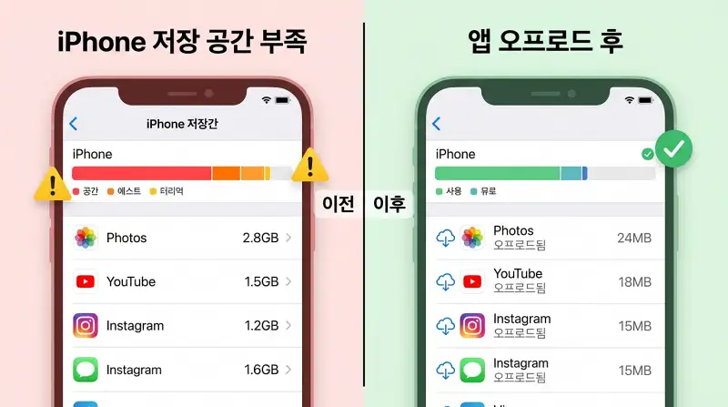 앱 오프로드 전후 비교 분할 화면