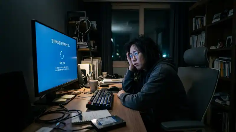 업데이트가 87%에서 멈춘 답답한 상황을 보여주는 장면