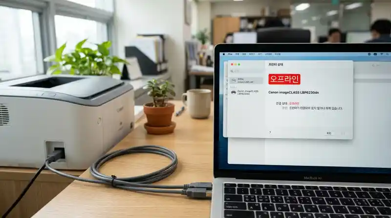 프린터 화면에 오프라인 상태가 표시된 모습과 노트북 연결 장면