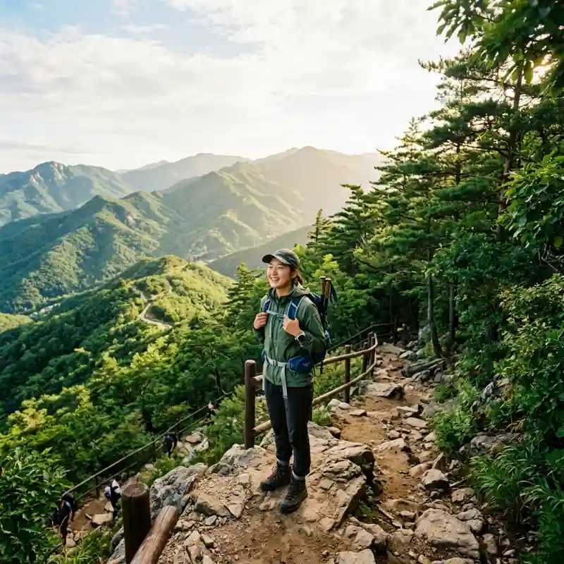 한국 산 정상 트레일의 초보 등산객 (아침 햇살, 숲 배경)