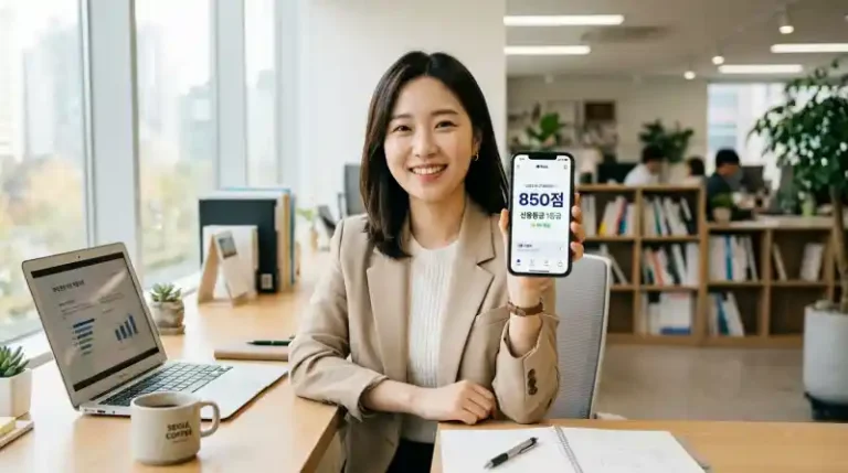 '850점' 및 '신용등급 1등급'이 표시된 신용점수 앱을 들고 있는 젊은 전문가