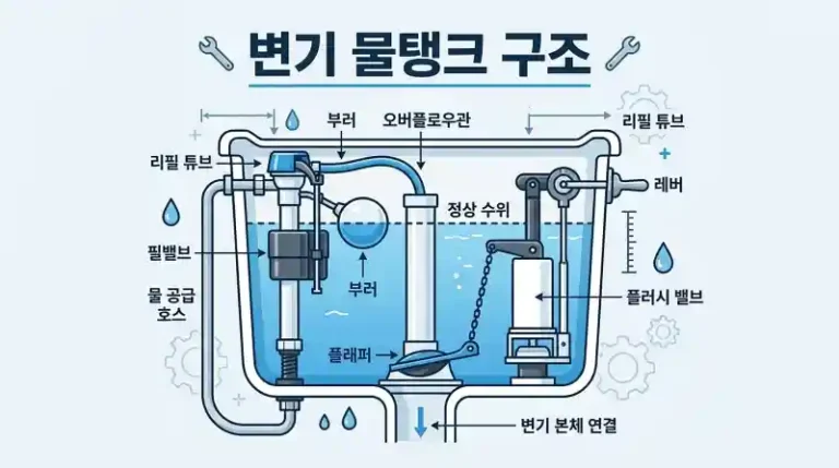 변기 물탱크 구조, 필밸브, 플래퍼, 오버플로우관 위치