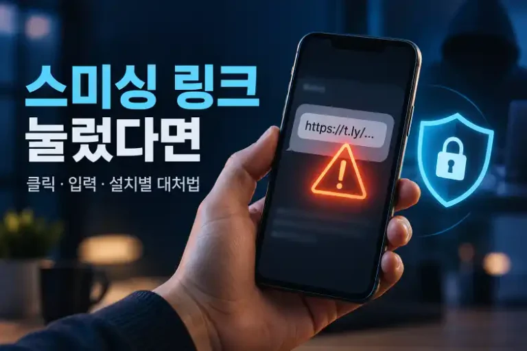 스미싱 링크 클릭 후 대응을 안내하는 스마트폰과 보안 방패