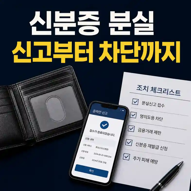 분실된 신분증을 확인하며 주민센터 분실신고와 금융 차단 절차를 순서대로 진행하는 사람