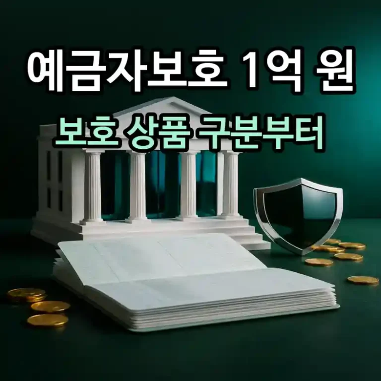 은행 모형과 통장, 방패로 예금자보호 1억 원 한도와 보호 상품 구분 기준을 설명하는 장면
