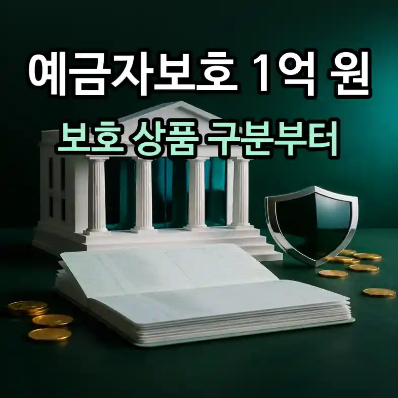 은행 모형과 통장, 방패로 예금자보호 1억 원 한도와 보호 상품 구분 기준을 설명하는 장면