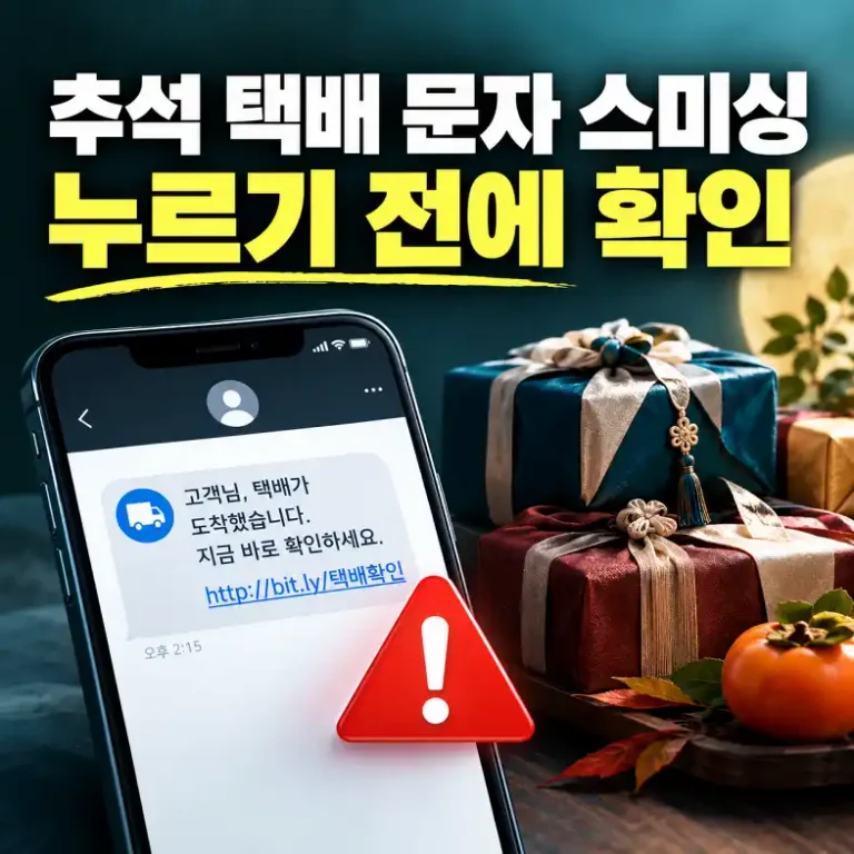 추석 연휴 택배 배송 사칭 스미싱 문자를 받고 링크를 누르기 전에 확인하는 스마트폰 화면