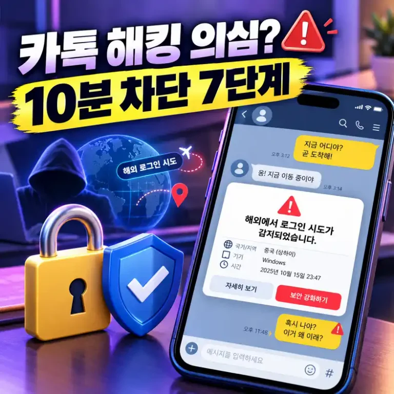해외 로그인 시도 경고가 뜬 스마트폰 메신저 화면과 자물쇠 아이콘