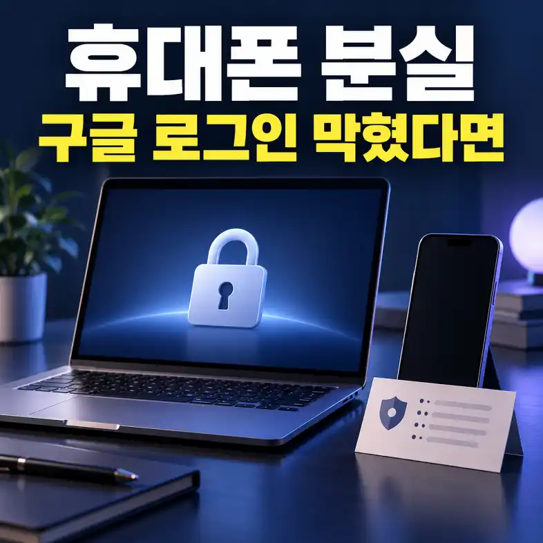 휴대폰 분실 후 구글 로그인 복구를 표현한 노트북 자물쇠와 백업 코드 카드