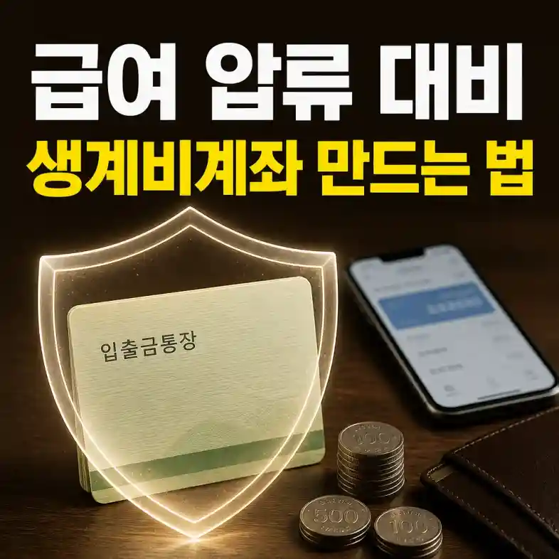 생계비계좌 개설 — 방패로 지켜지는 입출금통장과 스마트폰 뱅킹 화면을 확인하는 장면