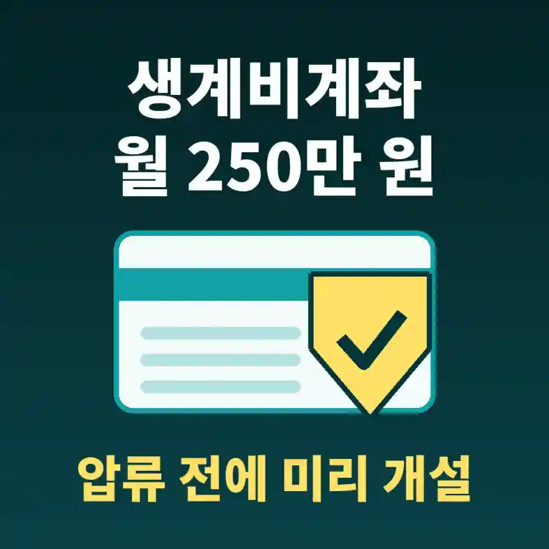 생계비계좌 월 250만 원 압류금지 범위를 방패가 통장을 지키는 그림으로 설명한 안내 이미지