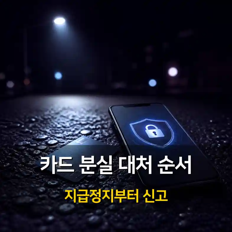 가로등 불빛 아래 떨어진 신용카드와 보안 방패 화면의 스마트폰을 확인하며 지급정지를 신고하는 사람
