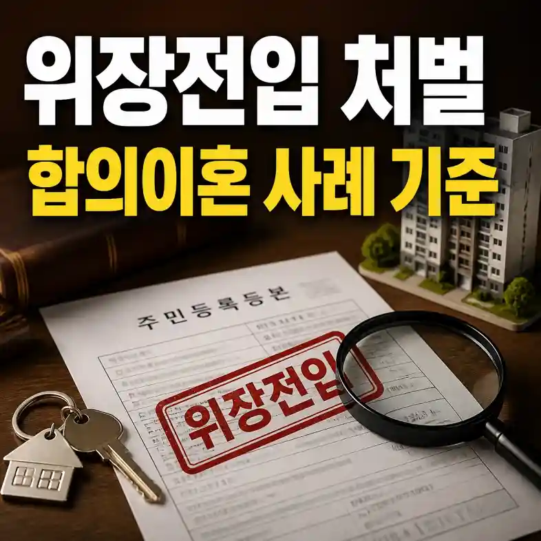 위장전입 처벌 기준을 확인하며 주민등록 문서와 경고 도장을 돋보기로 살펴보는 장면