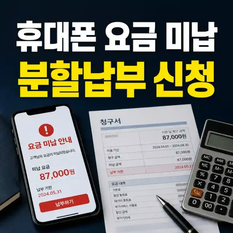 휴대폰 요금 미납 고지서와 분할납부 신청 화면을 확인하는 사용자